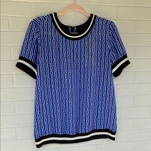 NWT MICHAEL KORS Blue and White Fitted B & W Trim Ribbed Short Sleeve Top Sz M